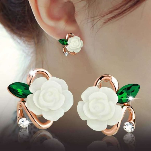 White Rose Crystal Flower Earrings - Picture 2 of 2